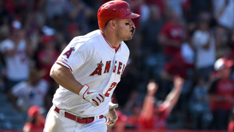 Los Angeles Angels' Mike Trout watches a home run