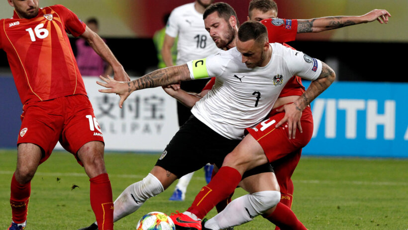Marko Arnautovic battles with North Macedonia defenders
