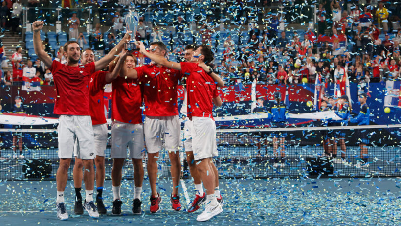 Serbia holding up the ATP CUP after defeating Spain during the ATP Cup tournament in Sydney, Australia in 2020.