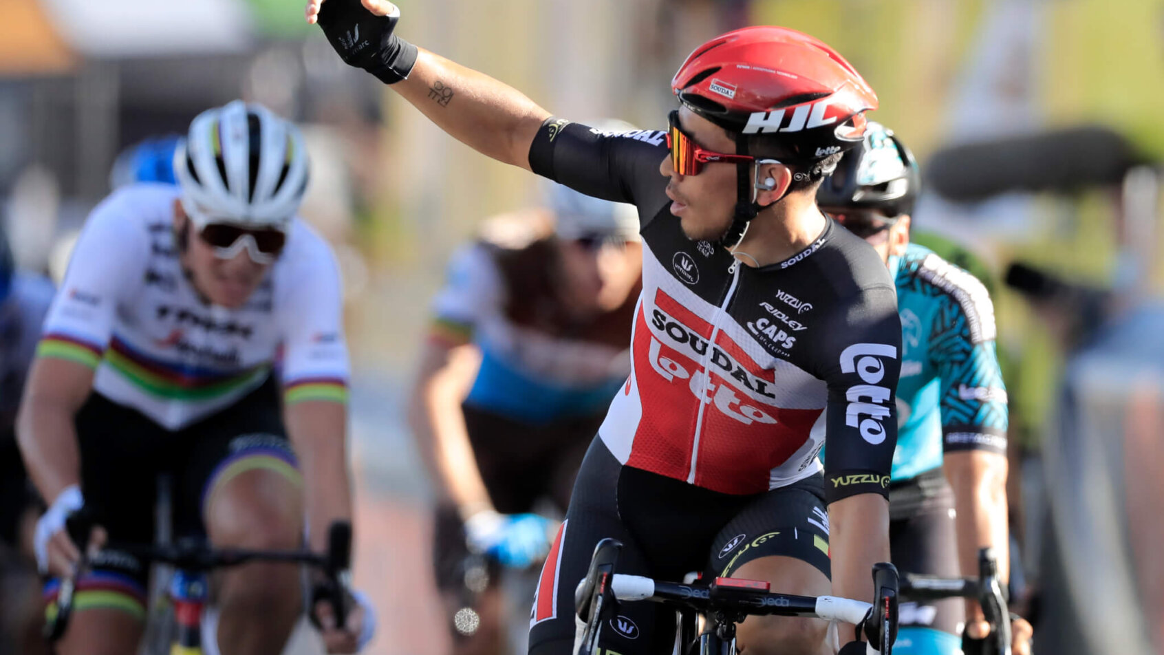 Australia's Caleb Ewan celebrating at the finish line