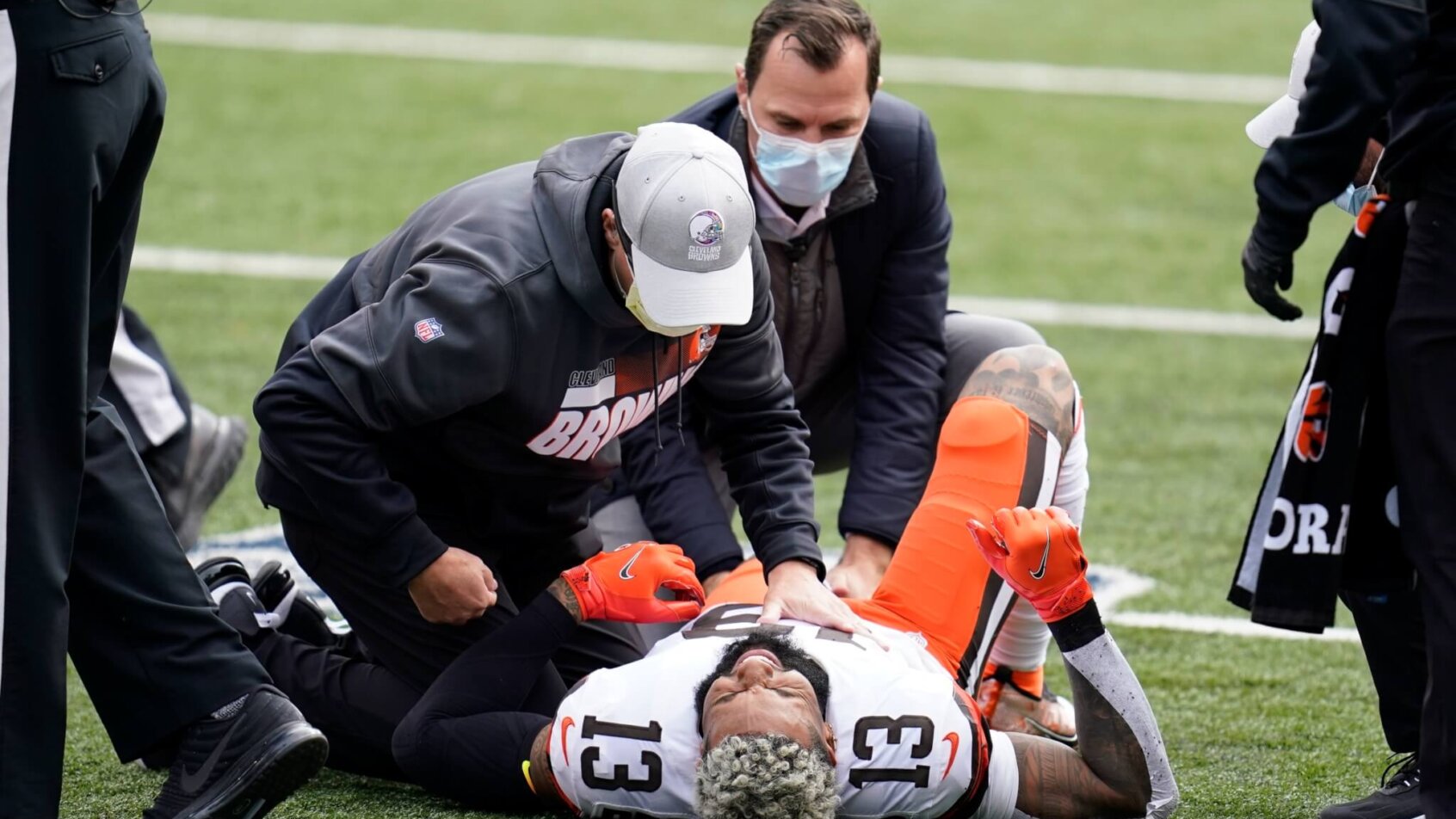 Cleveland Browns' Odell Beckham Jr lying on the field injured