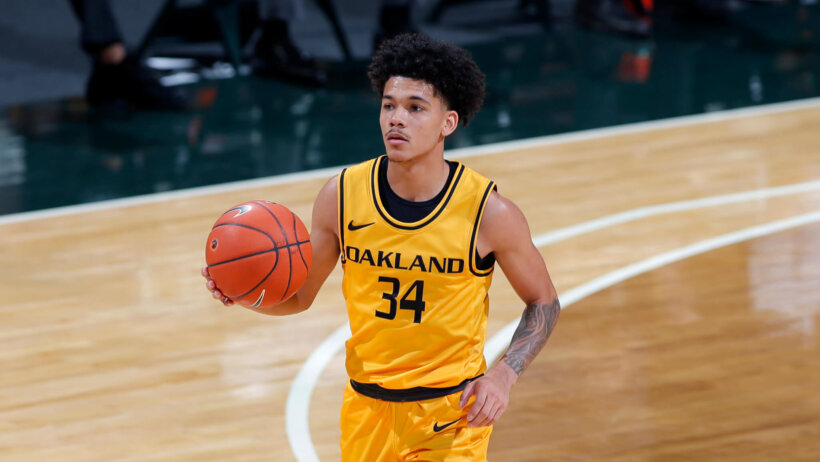 Oakland's Jalen Moore dribbling