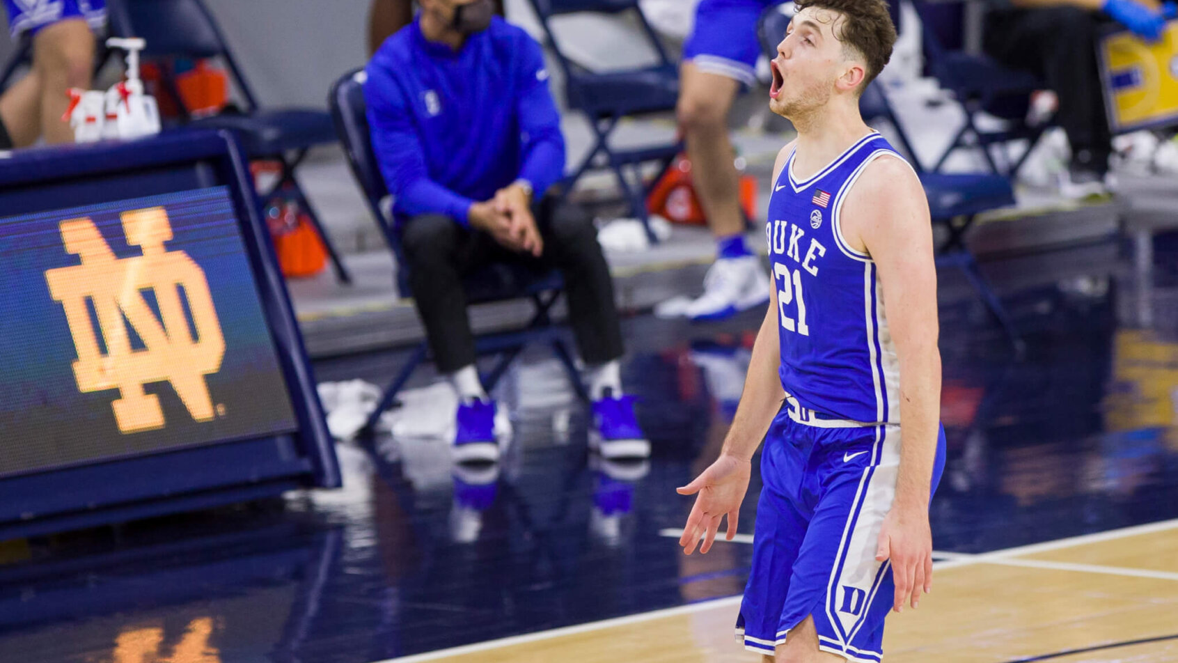 Duke's Matthew Hurt celebrating after a play during a NCAA men's basketball game.