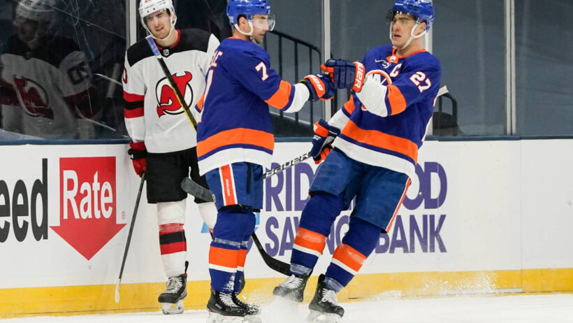 Anders Lee celebrates a goal for the New York Islanders