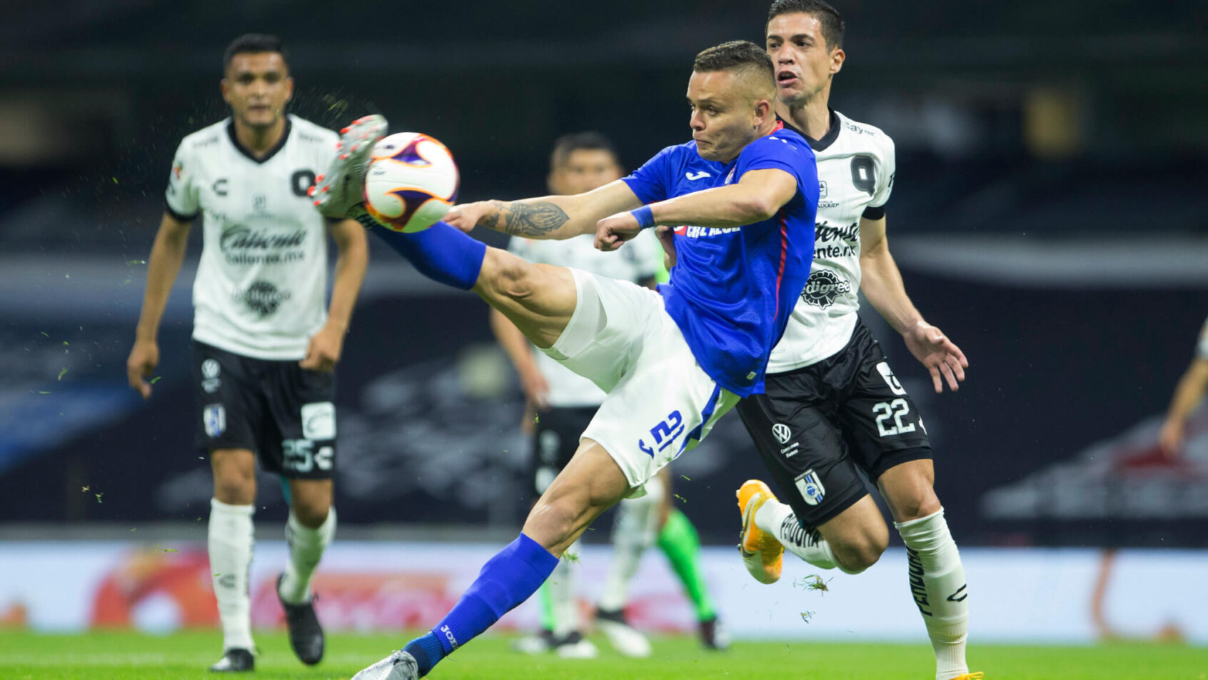 Jonathan Rodriguez of Cruz Azul kicking the ball for a goal during a Mexico soccer league match.