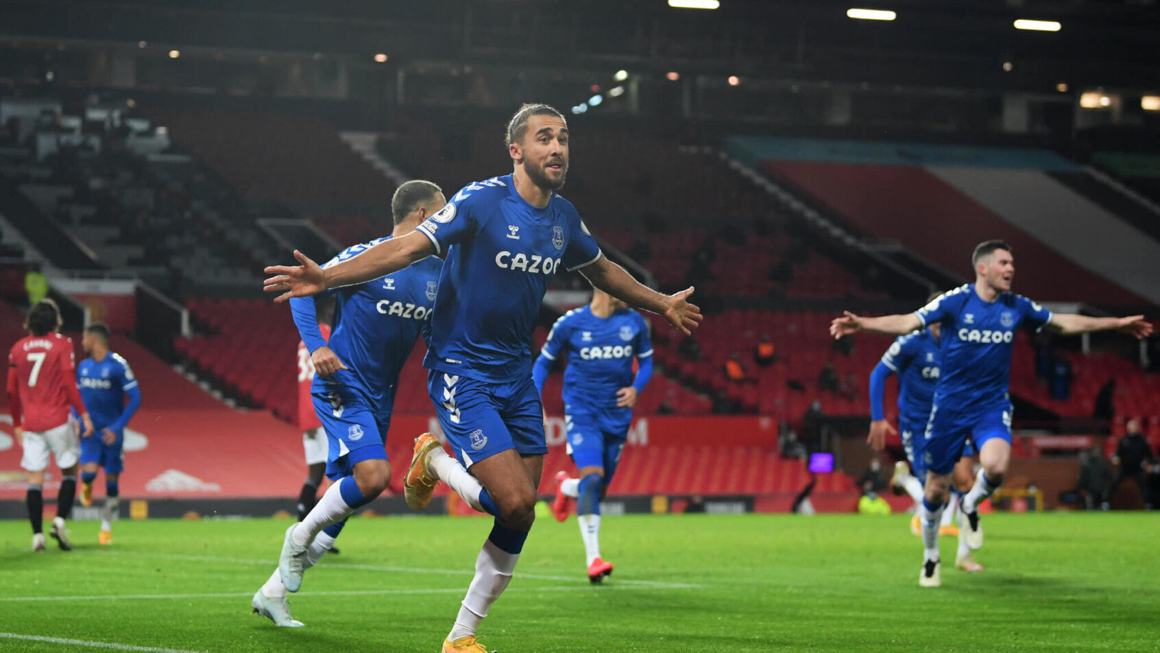 Everton's Dominic Calvert-Lewin, centre, celebrating after scoring a goal.