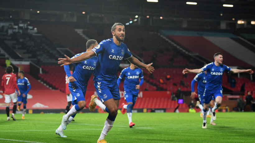Everton's Dominic Calvert-Lewin, centre, celebrating after scoring a goal.