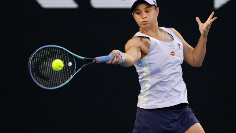 Ashleigh Barty making a forehand return during a match at the Australian Open.