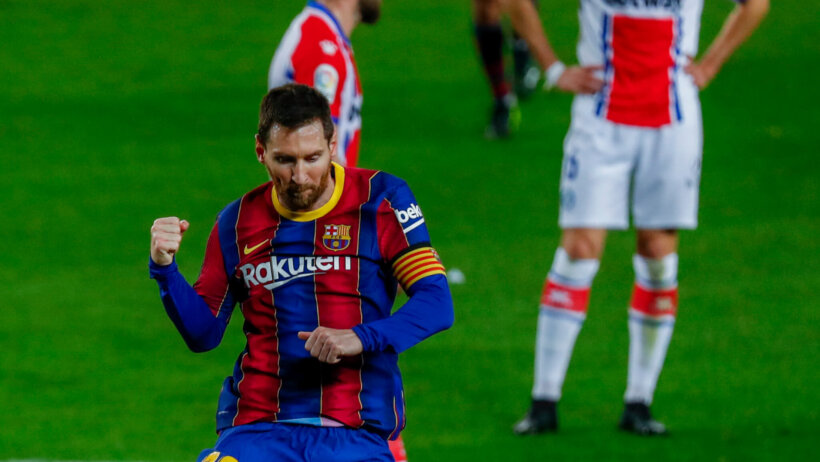 Lionel Messi celebrating after scoring a goal during the Spanish La Liga soccer match.