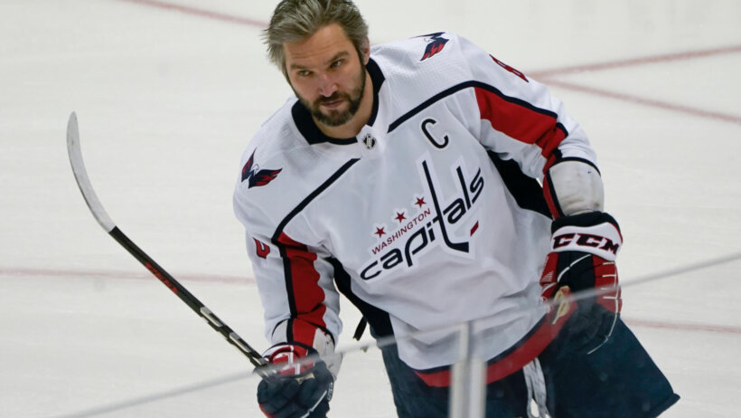 Alex Ovechkin skating in warmups without helmet on