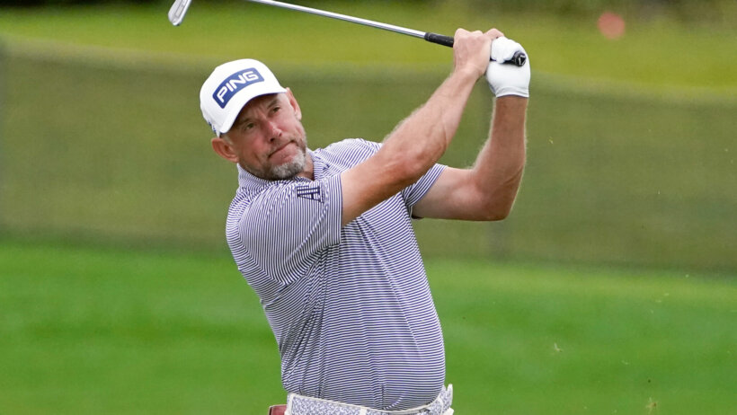 Lee Westwood's follow through after hitting a shot from the fairway.