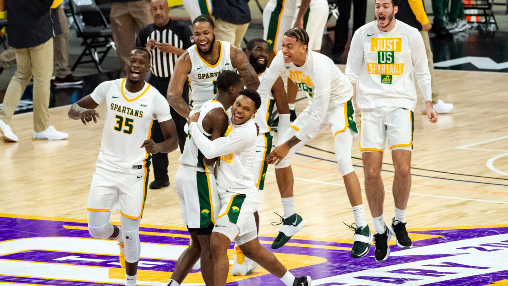 Norfolk State players celebrate after beating Morgan State