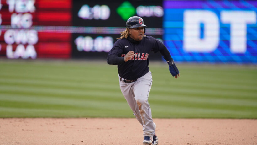 Jose Ramirez breaking for third base