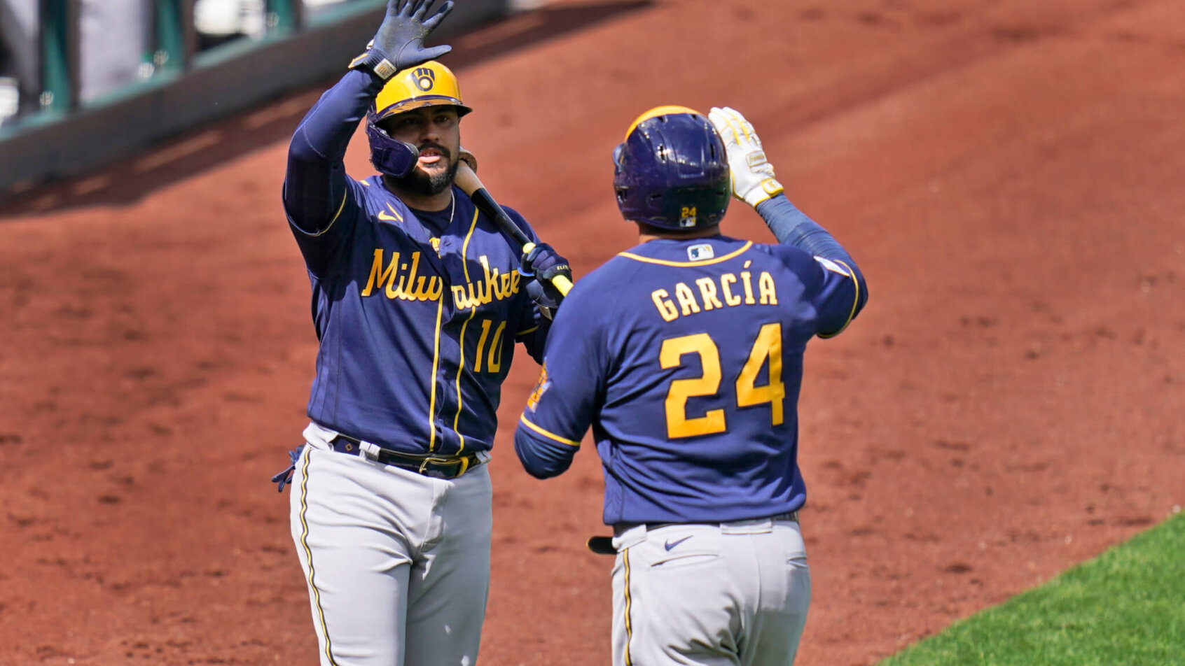 Avisail Garcia and Omar Narvaez high-five