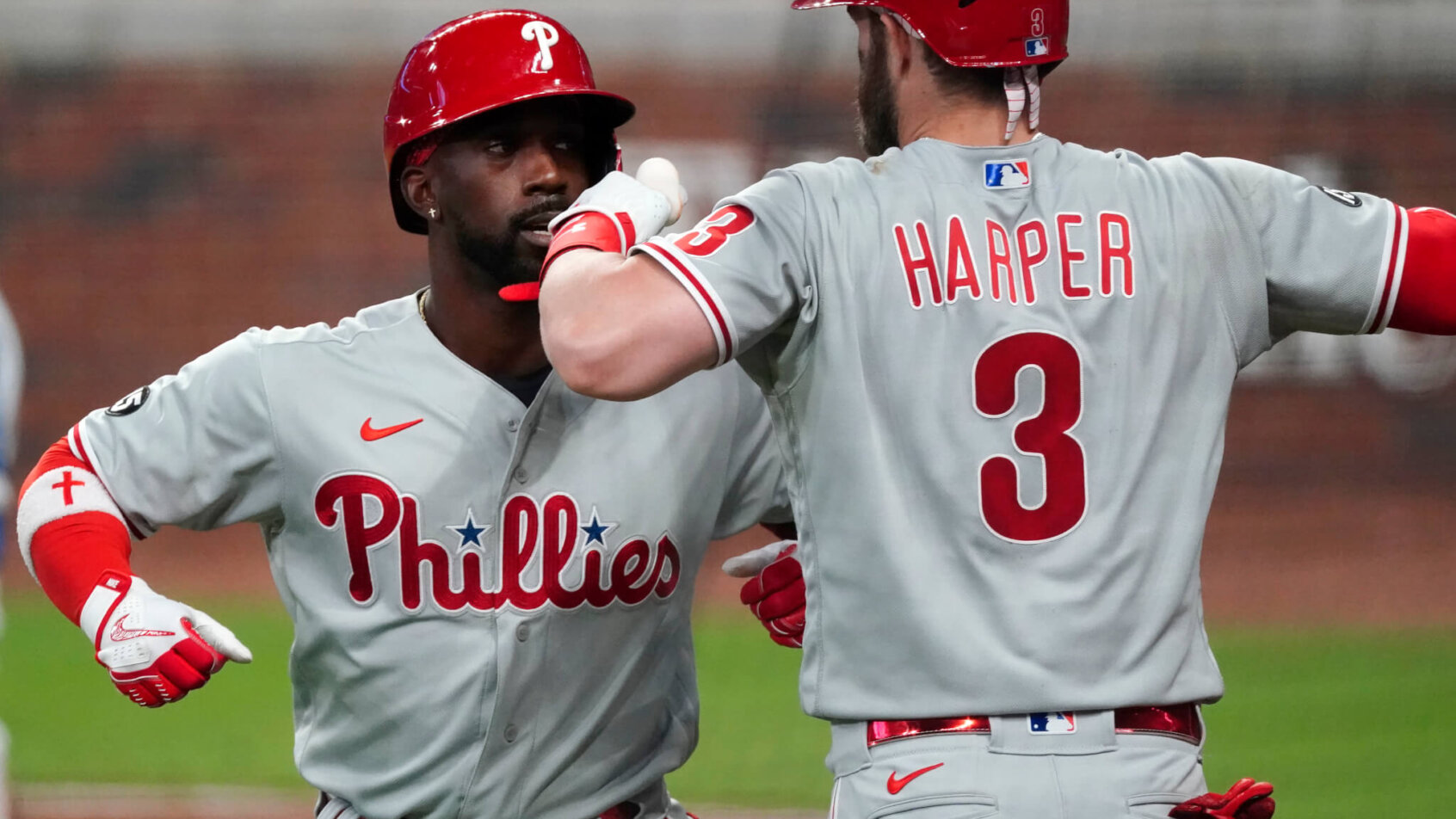 Andrew McCutchen celebrating with Bryce Harper