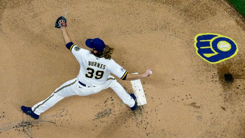Milwaukee Brewers pitcher Corbin Burnes viewed from above