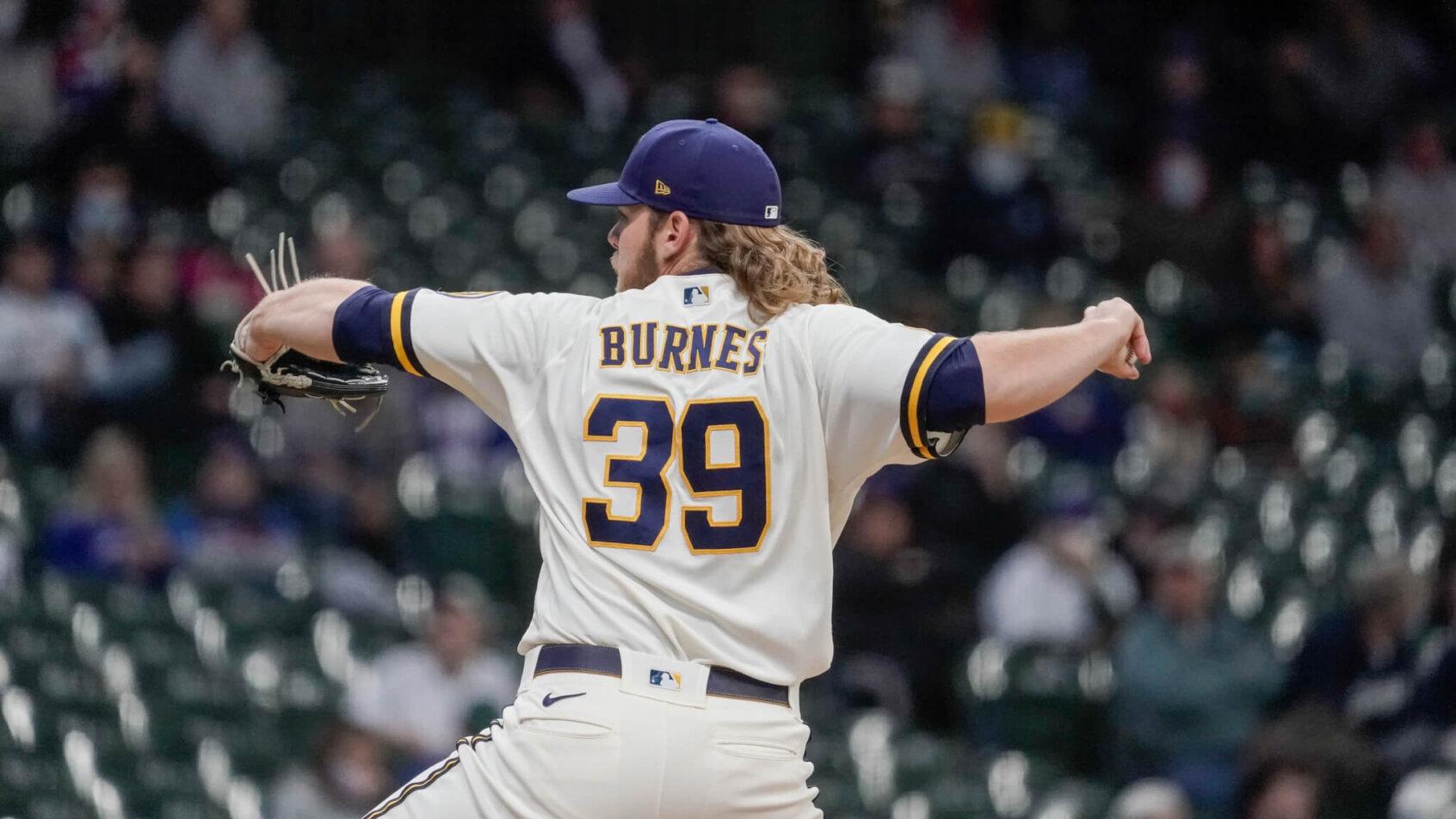 Milwaukee Brewers' Corbin Burnes captured mid-pitch