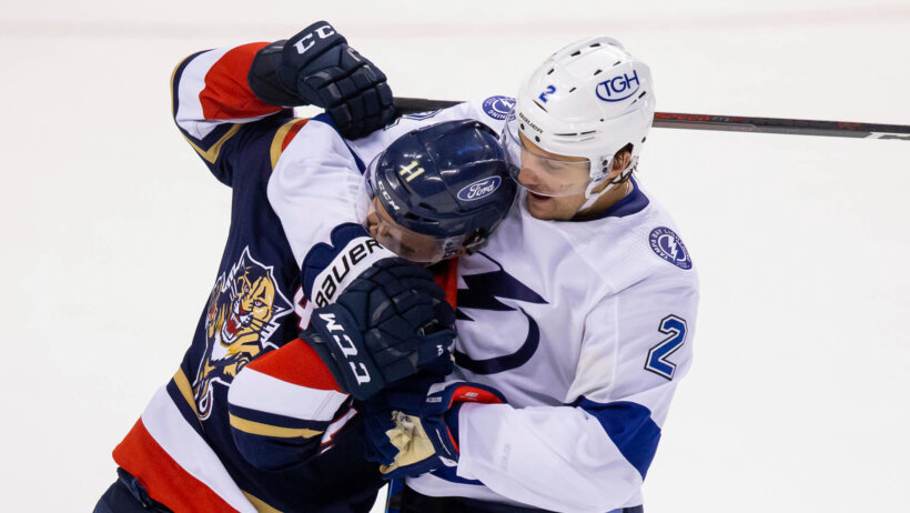 Luke Schenn and Jonathan Huberdeau scuffle