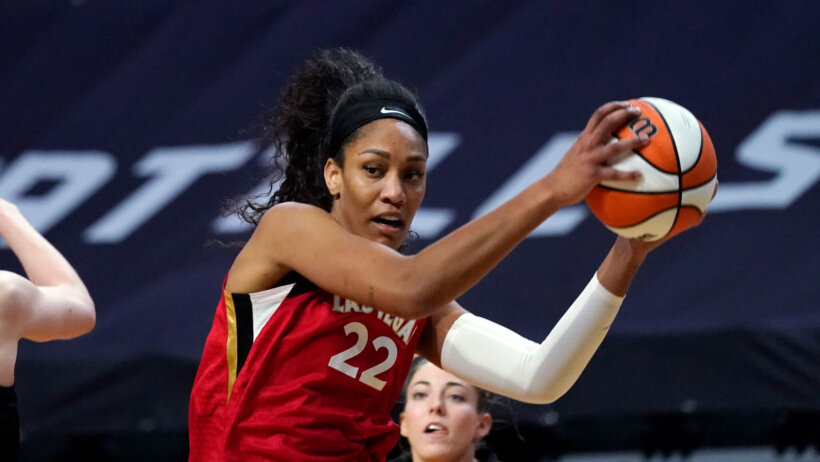 A'ja Wilson holding ball with two hands