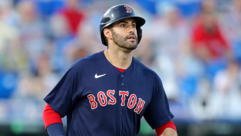 J.D. Martinez of the Boston Red Sox watching his fly ball during a game against the Blue Jays.