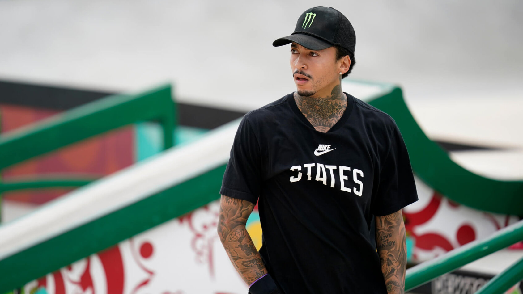 Nyjah Houston of the United States looking off the the side during Olympic trials.