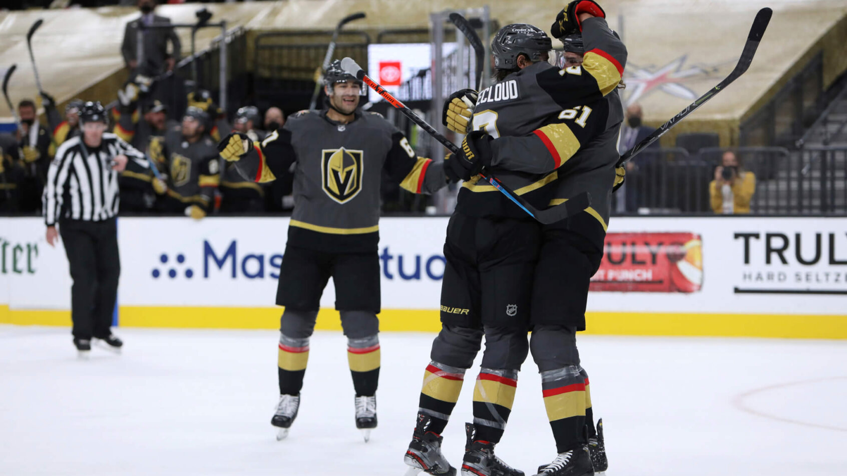 Vegas players celebrating goal