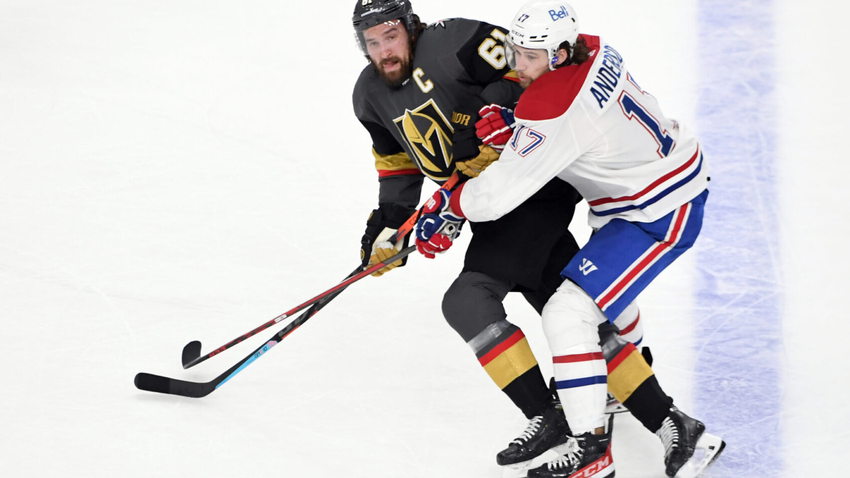 Mark Stone tangled with Josh Anderson while skating