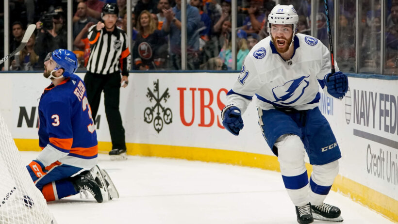 Brayden Point celebrates a goal