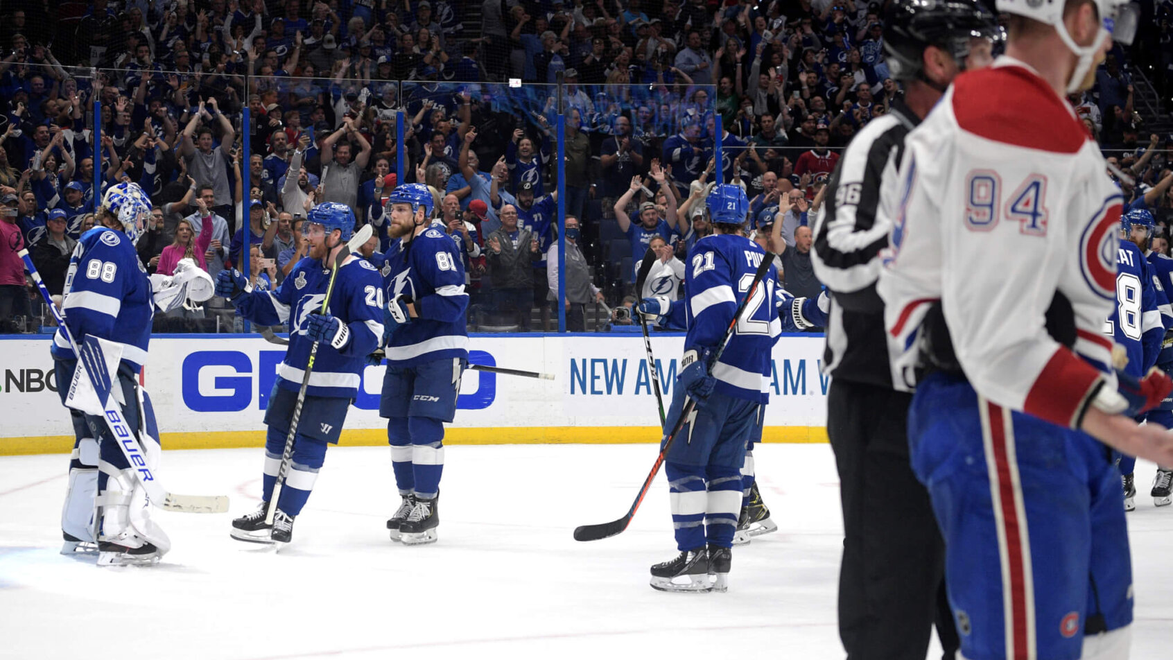 Tampa Bay players celebrate with their goalie