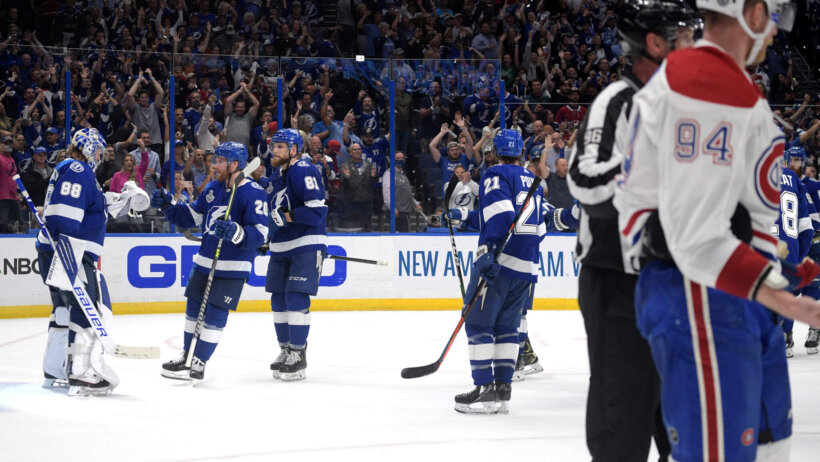Tampa Bay players celebrate with their goalie