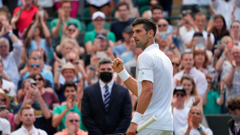 Novak Djokovic celebrating a win with a fist pump during a match at Wimbledon.