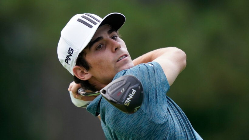 Joaquin Niemann hitting a driver off the fourth tee during the third round of a golf tournament.