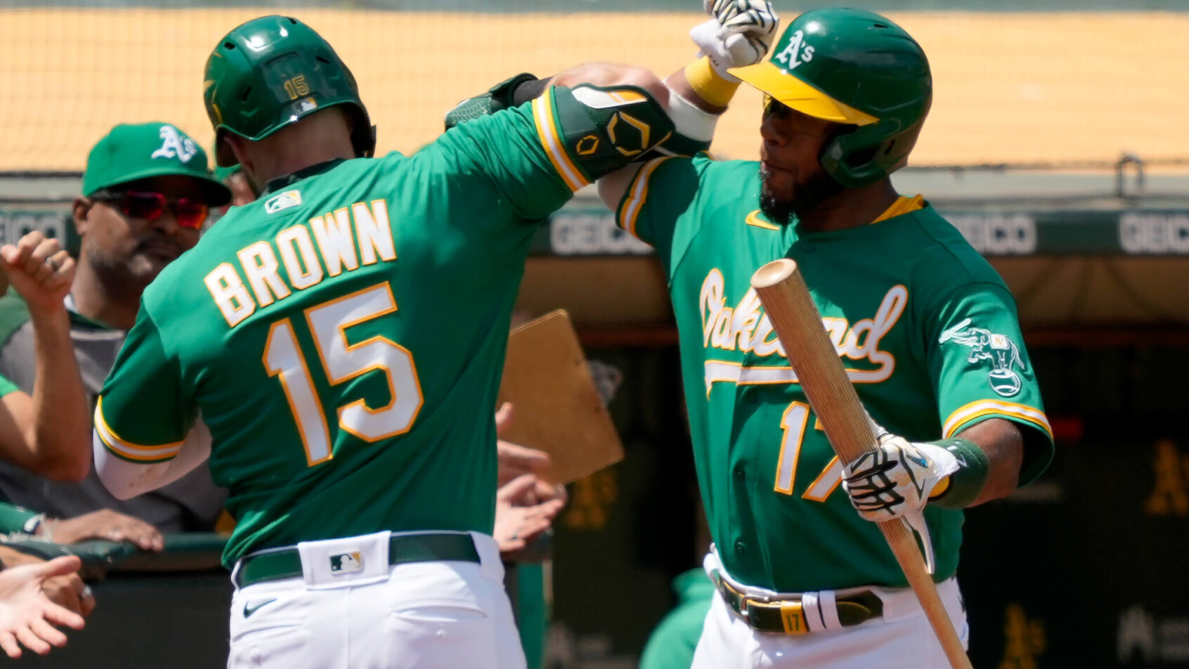 Seth Brown and Elvis Andrus celebration