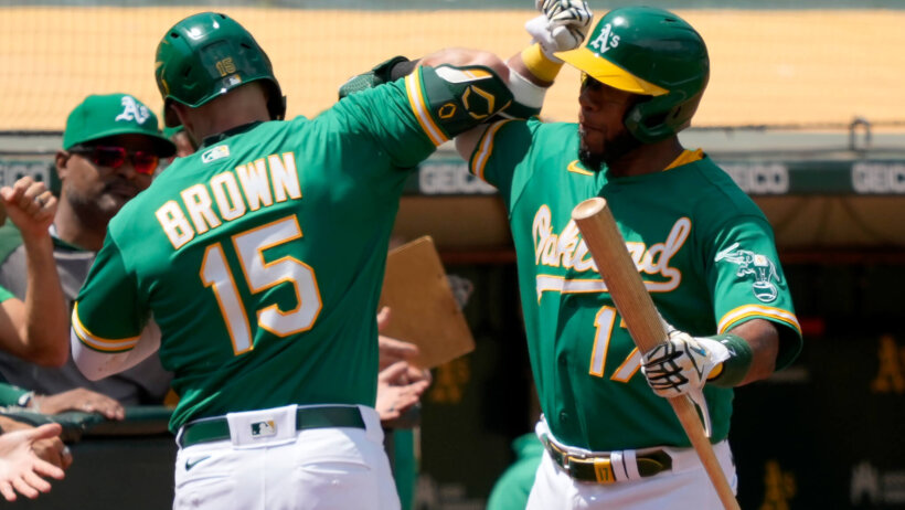 Seth Brown and Elvis Andrus celebration