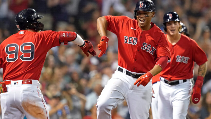 Rafael Devers home run celebration with teammate