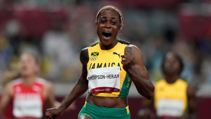 Elaine Thompson-Herah reacting to winning the 100 metres final at the 2020 Olympics.