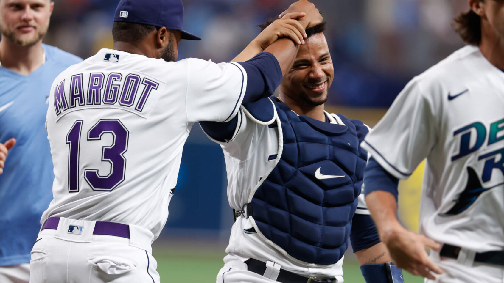 Tampa Bay player shakes head of catcher