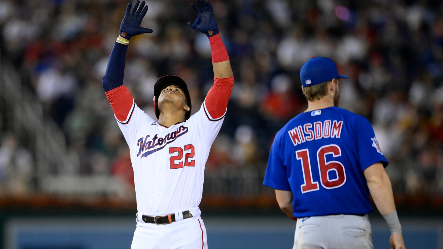 Juan Soto celebrates a hit