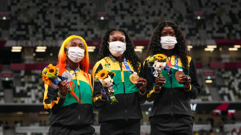Jamaican women sprinters on the podium