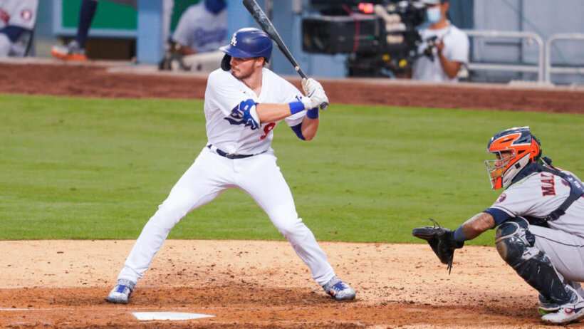 Los Angeles Dodgers designated hitter Gavin Lux swings at a pitch