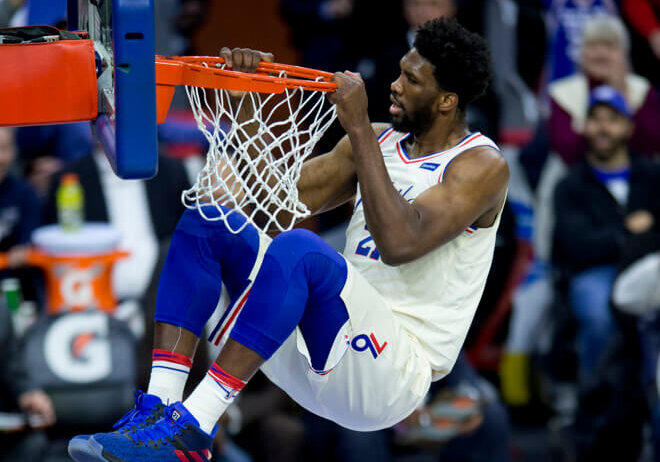 Joel Embiid dunk and hanging on the rim