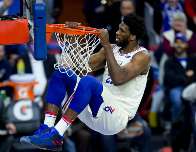 Joel Embiid dunk and hanging on the rim