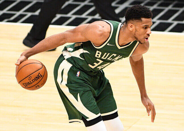 Giannis Antetokounmpo dribbling