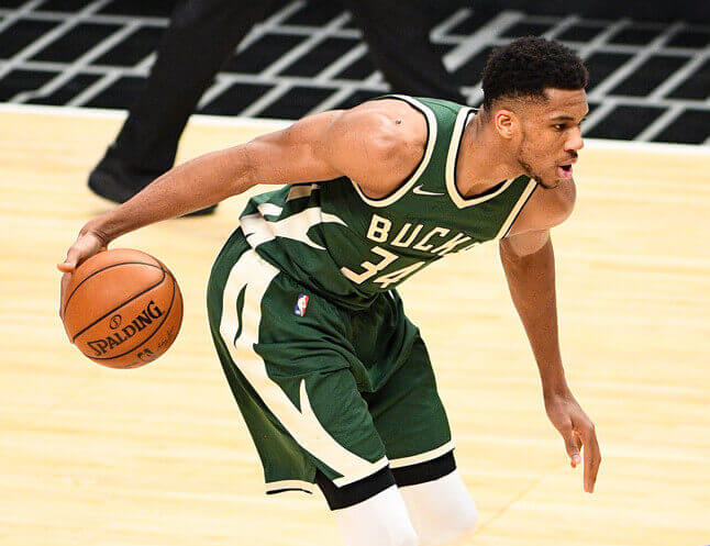 Giannis Antetokounmpo dribbling
