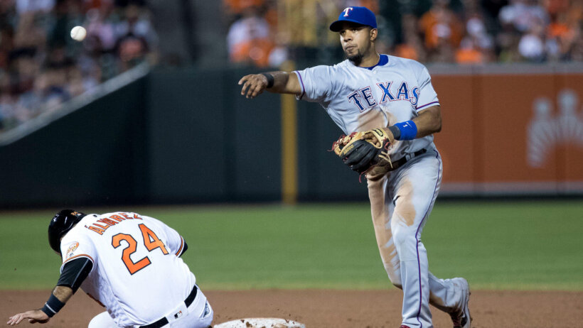 Texas Rangers Elvis Andrus turning double play