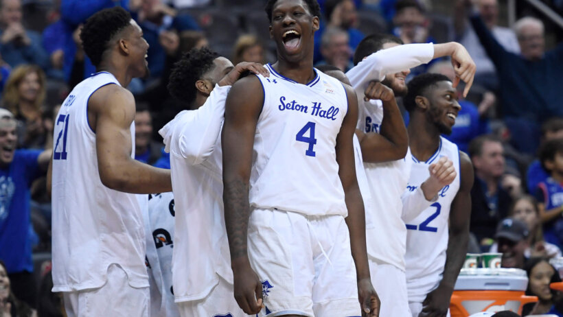 Seton Hall players celebrate on bench
