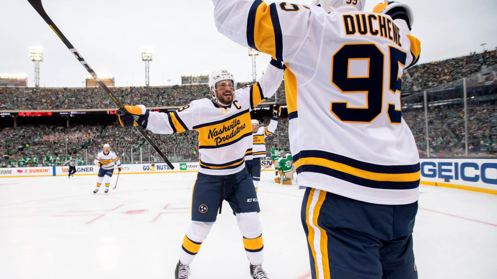 Predators players celebrate goal