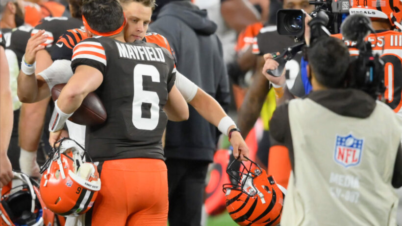Joe Burrow and Baker Mayfield hugging