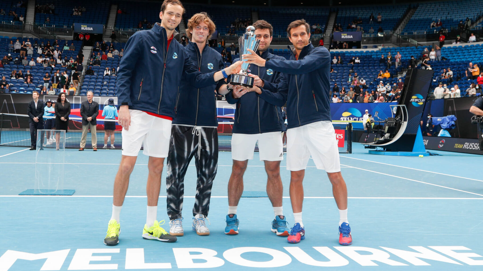 Daniil Medvedev, Andrey Rublev, Aslan Karatsev and Evgeny Donsky pose with trophy