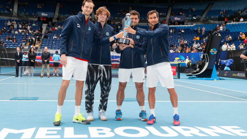 Daniil Medvedev, Andrey Rublev, Aslan Karatsev and Evgeny Donsky pose with trophy